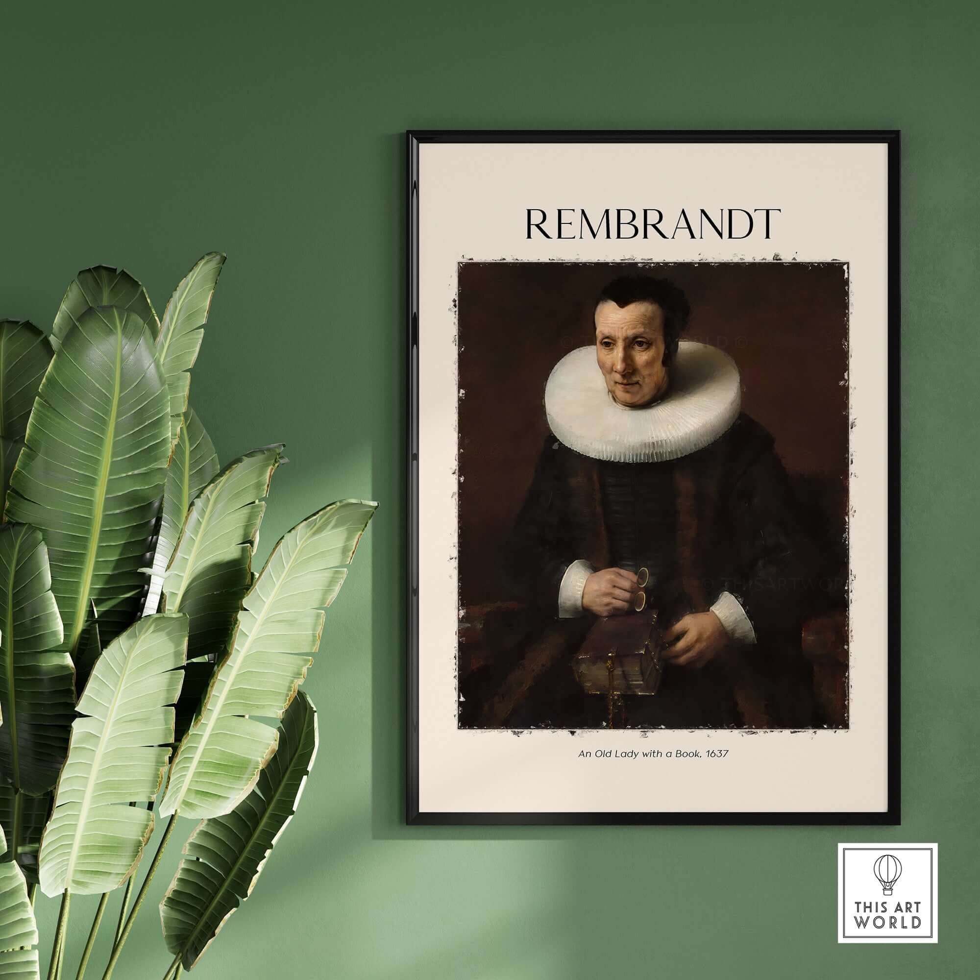 Rembrandt Old Lady with Book 1637 Portrait Print Dutch Golden Age Poster Art displayed on a green wall.