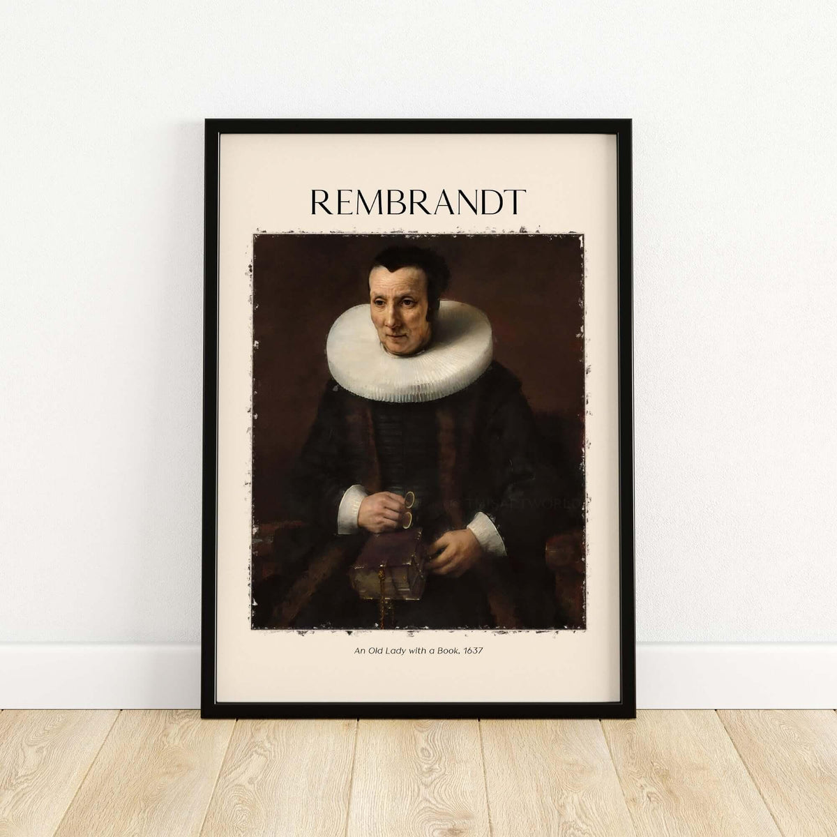 Rembrandt Old Lady with Book 1637 Portrait Print Dutch Golden Age Poster Art featuring a traditional portrait.