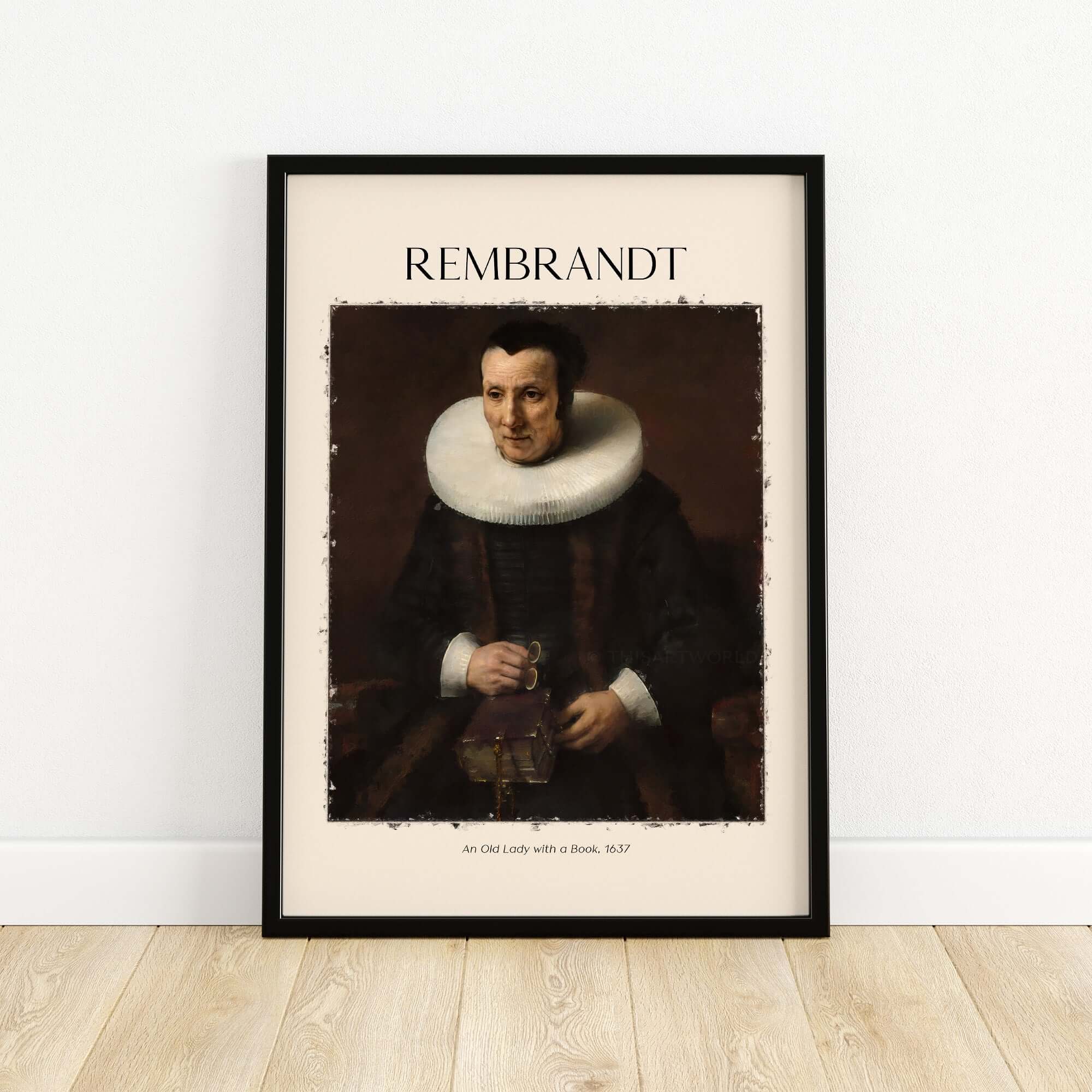 Rembrandt Old Lady with Book 1637 Portrait Print Dutch Golden Age Poster Art featuring a traditional portrait.