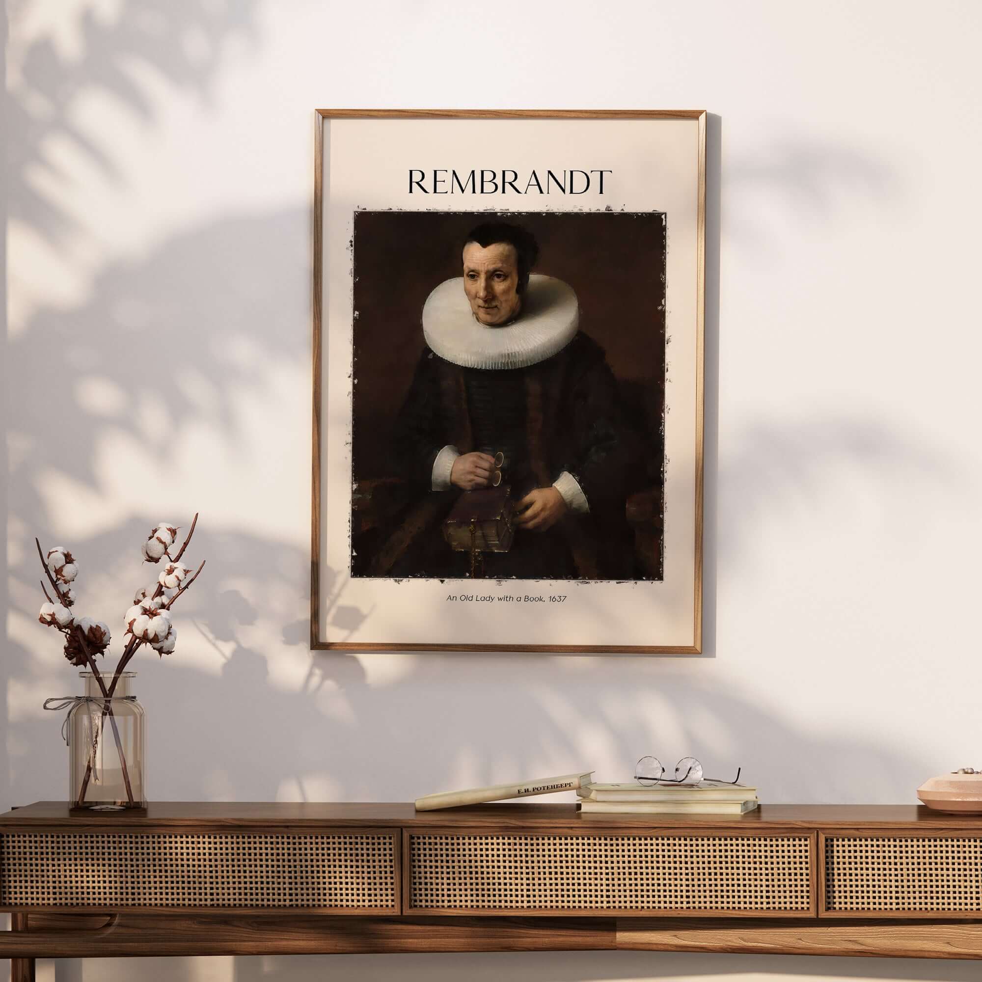 Rembrandt Old Lady with Book 1637 Portrait Print Dutch Golden Age Poster Art displayed on a wall.