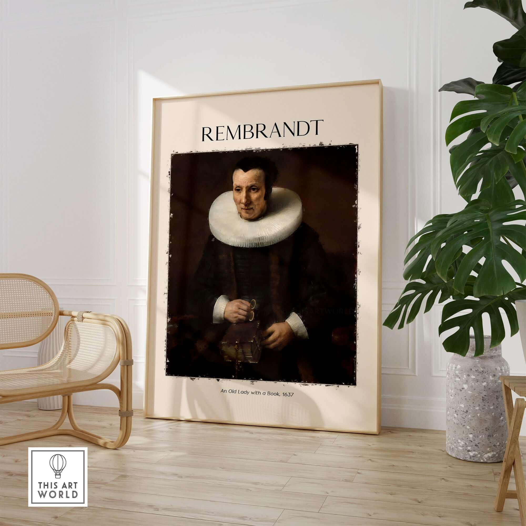 Rembrandt Old Lady with Book 1637 Portrait Print Dutch Golden Age Poster Art displayed in modern interior setting.