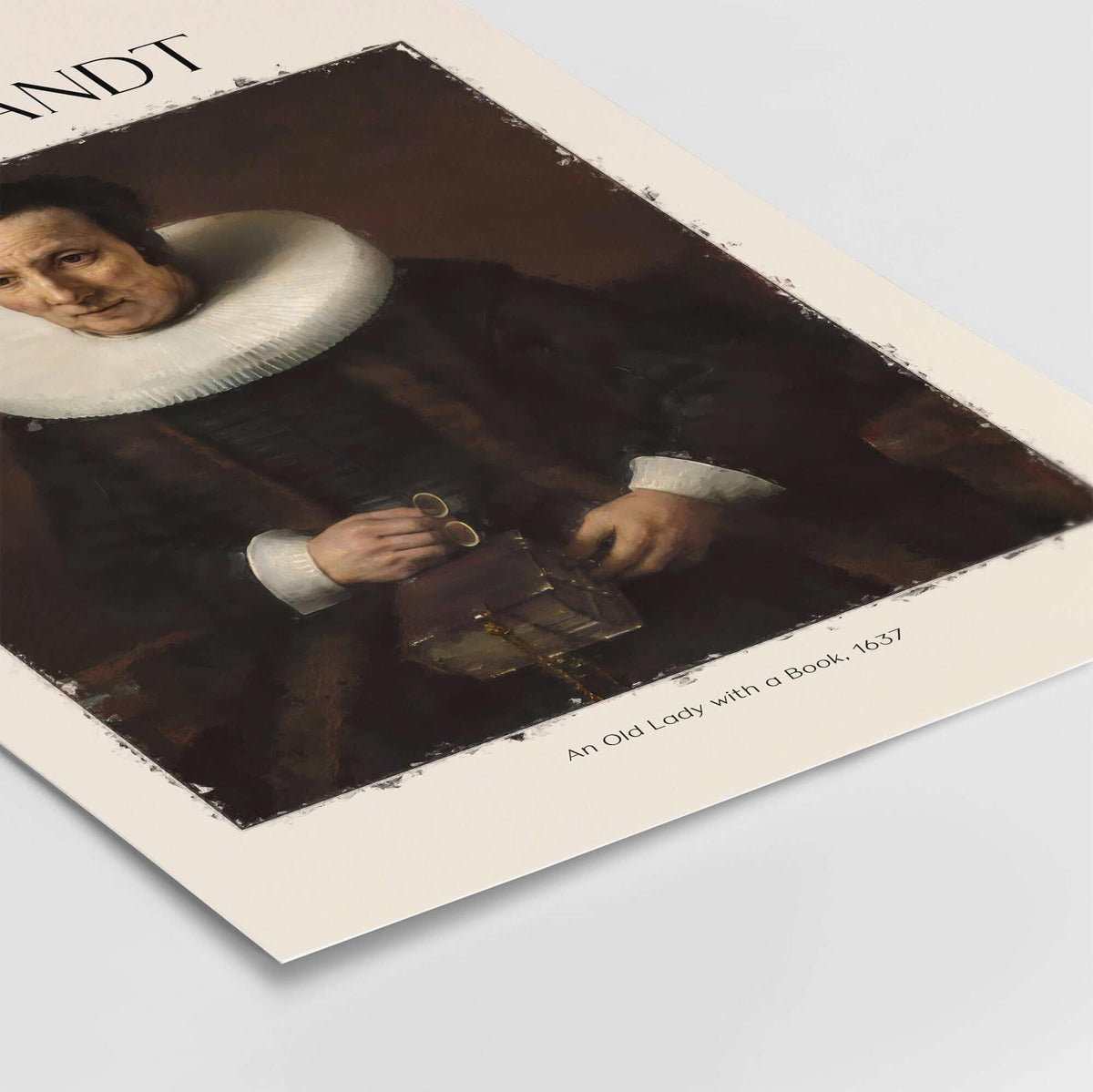 Rembrandt Old Lady with Book 1637 Portrait Print Dutch Golden Age Poster Art featuring an elderly woman with a book.