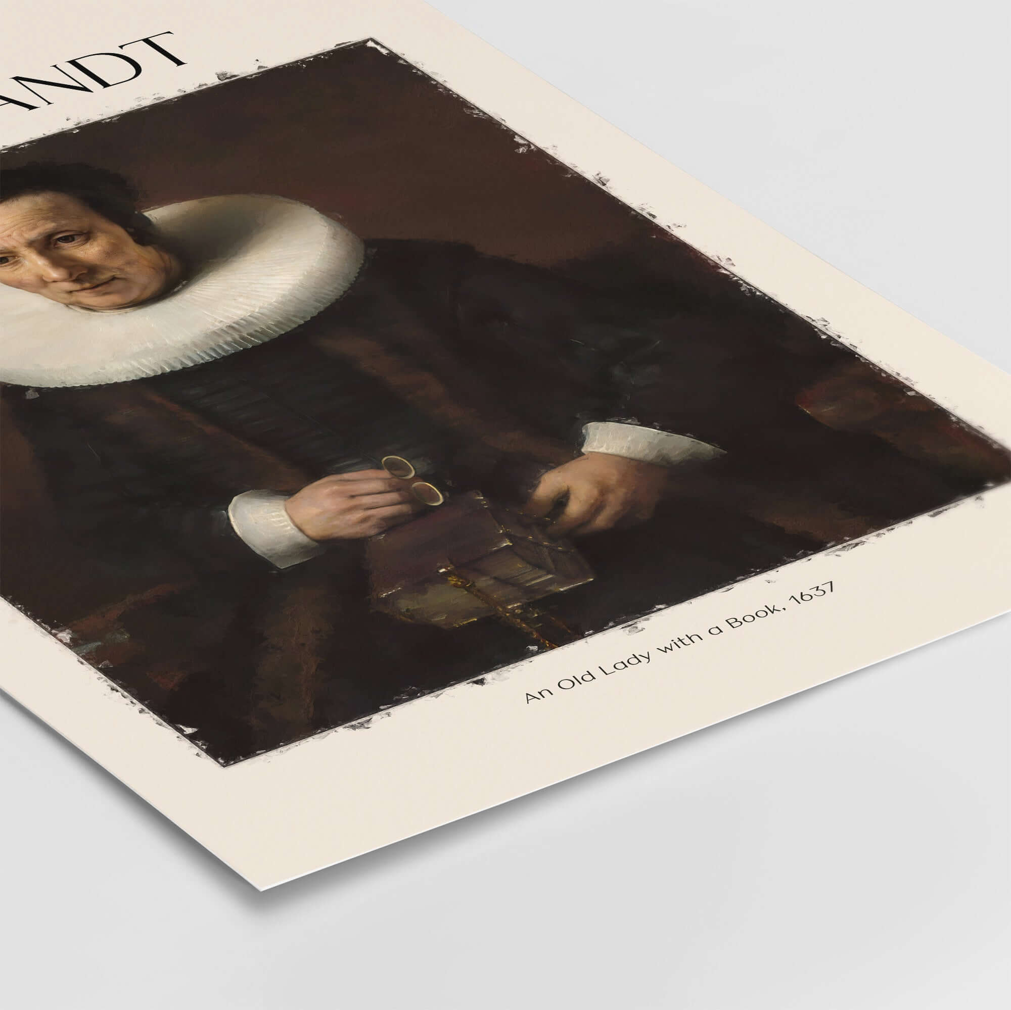 Rembrandt Old Lady with Book 1637 Portrait Print Dutch Golden Age Poster Art featuring an elderly woman with a book.
