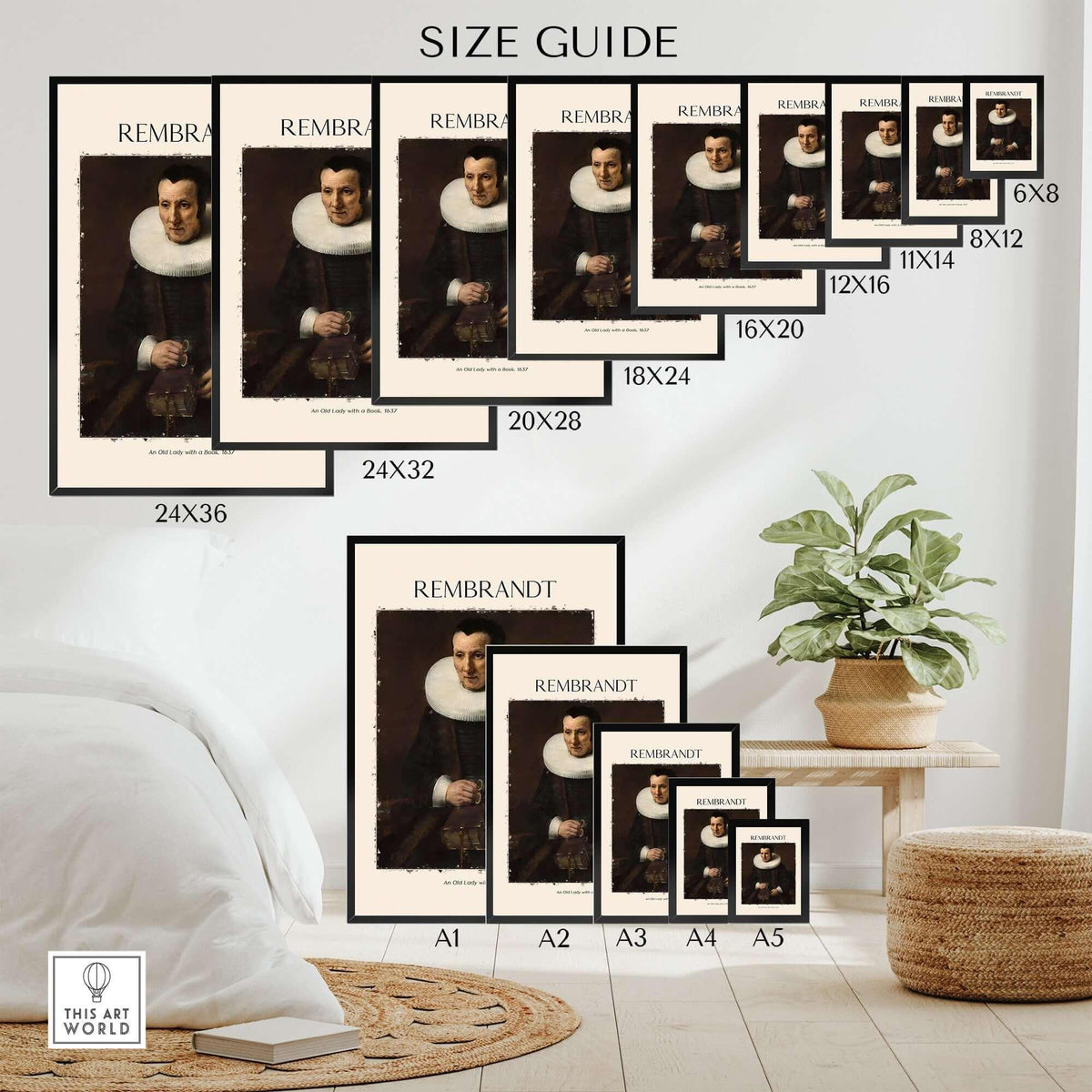 Rembrandt Old Lady with Book 1637 Portrait Print Dutch Golden Age Poster Art size guide with various frame dimensions