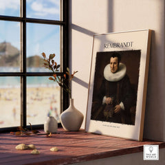 Rembrandt Old Lady with Book 1637 Portrait Print Dutch Golden Age Poster Art displayed beside a window.