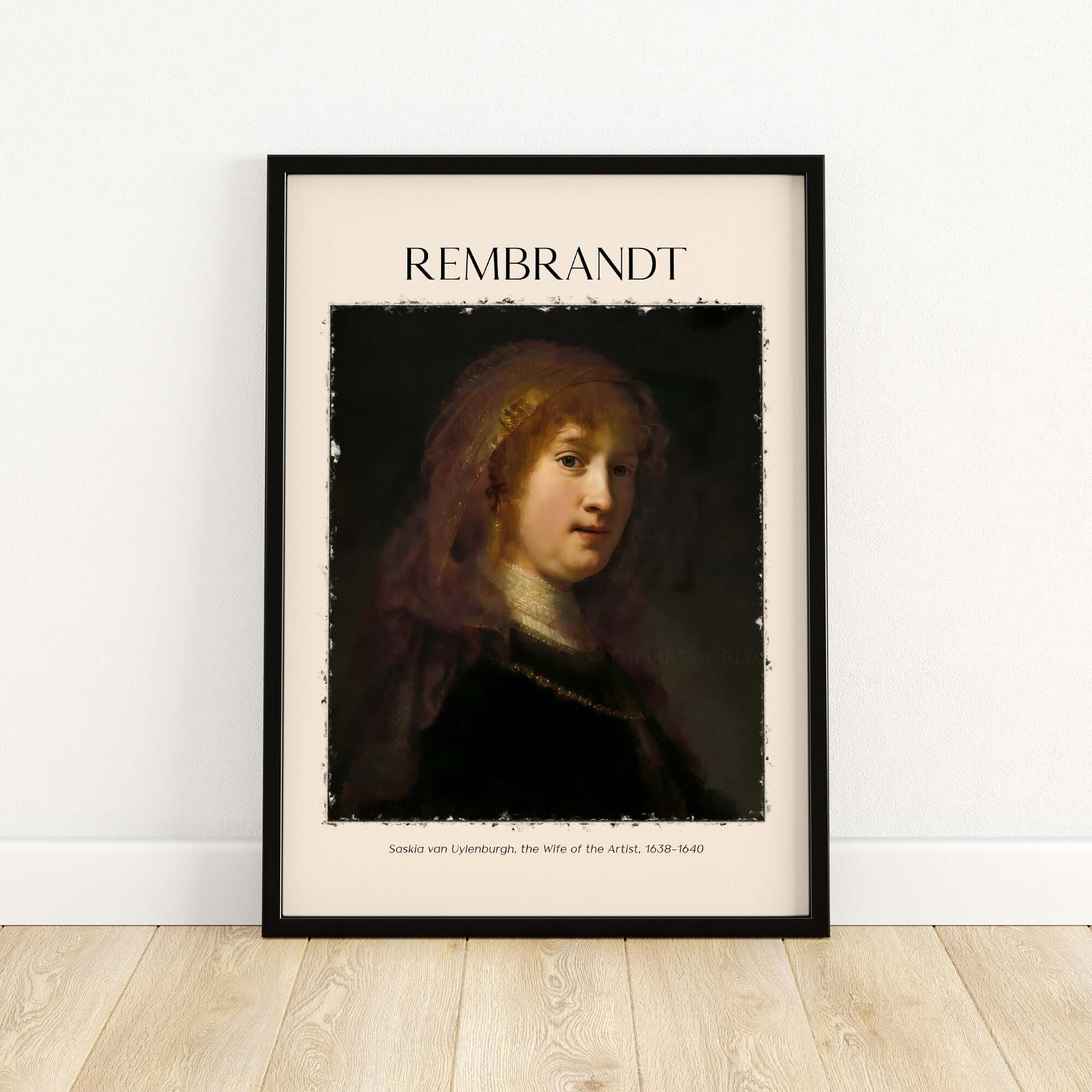 Rembrandt Saskia van Uylenburgh Portrait Print Wife Artist Dutch Poster Wall Art in a stylish frame with soft lighting.