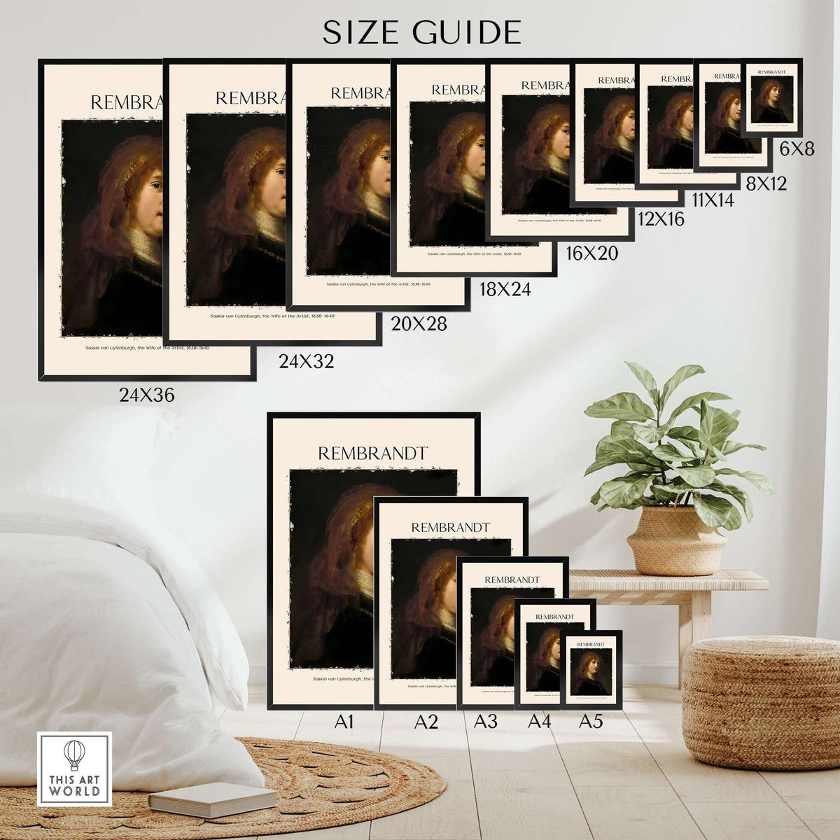 Rembrandt Saskia van Uylenburgh Portrait Print Wife Artist Dutch Poster Wall Art size guide with various frame dimensions.