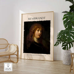 Rembrandt Saskia van Uylenburgh Portrait Print Wife Artist Dutch Poster Wall Art displayed in a modern interior.