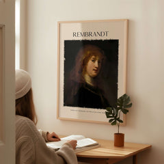 Rembrandt Saskia van Uylenburgh Portrait Print Wife Artist Dutch Poster Wall Art displayed in a cozy interior setting.