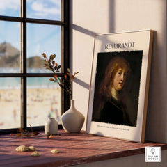 Rembrandt Saskia van Uylenburgh Portrait Print Wife Artist Dutch Poster Wall Art displayed on a shelf with a beach view.