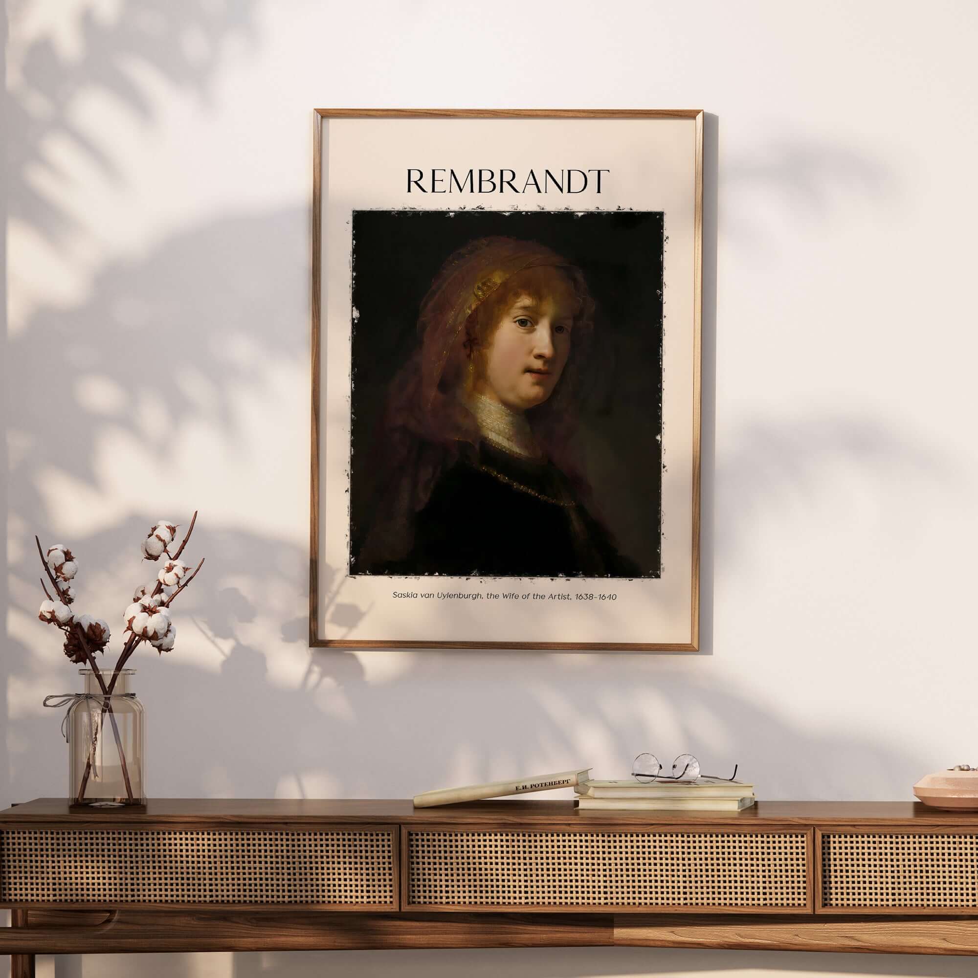 Rembrandt Saskia van Uylenburgh Portrait Print Wife Artist Dutch Poster Wall Art displayed in a stylish interior setting.