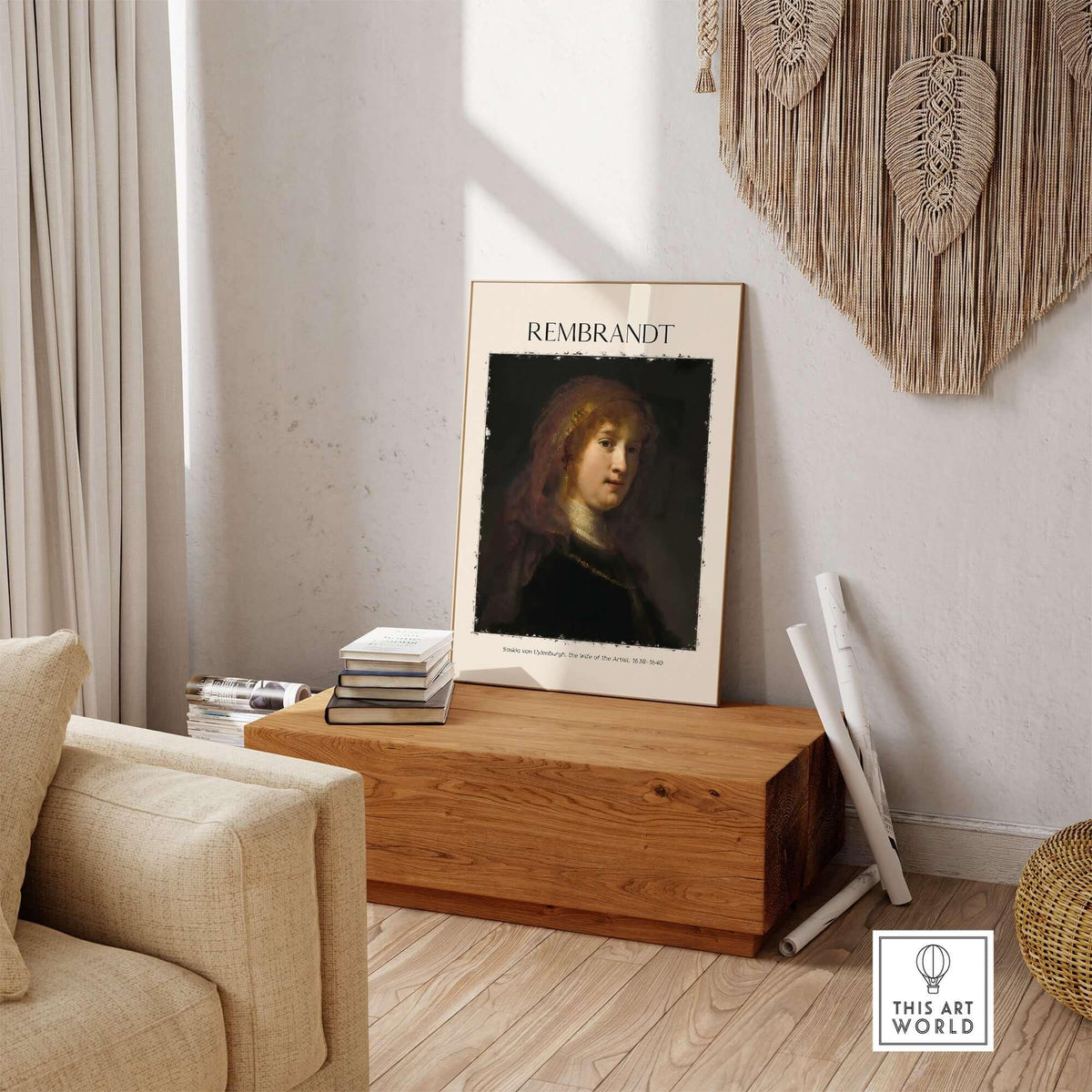 Rembrandt Saskia van Uylenburgh Portrait Print Wife Artist Dutch Poster Wall Art displayed in a cozy living room interior.