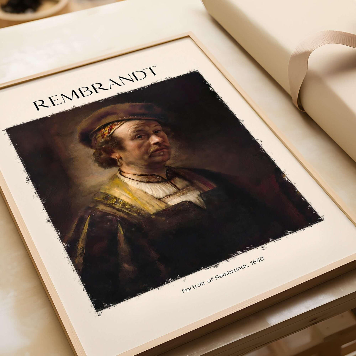 Rembrandt Self Portrait 1650 Dutch Master Painter Art Print Poster Wall Decor displayed in a framed print.