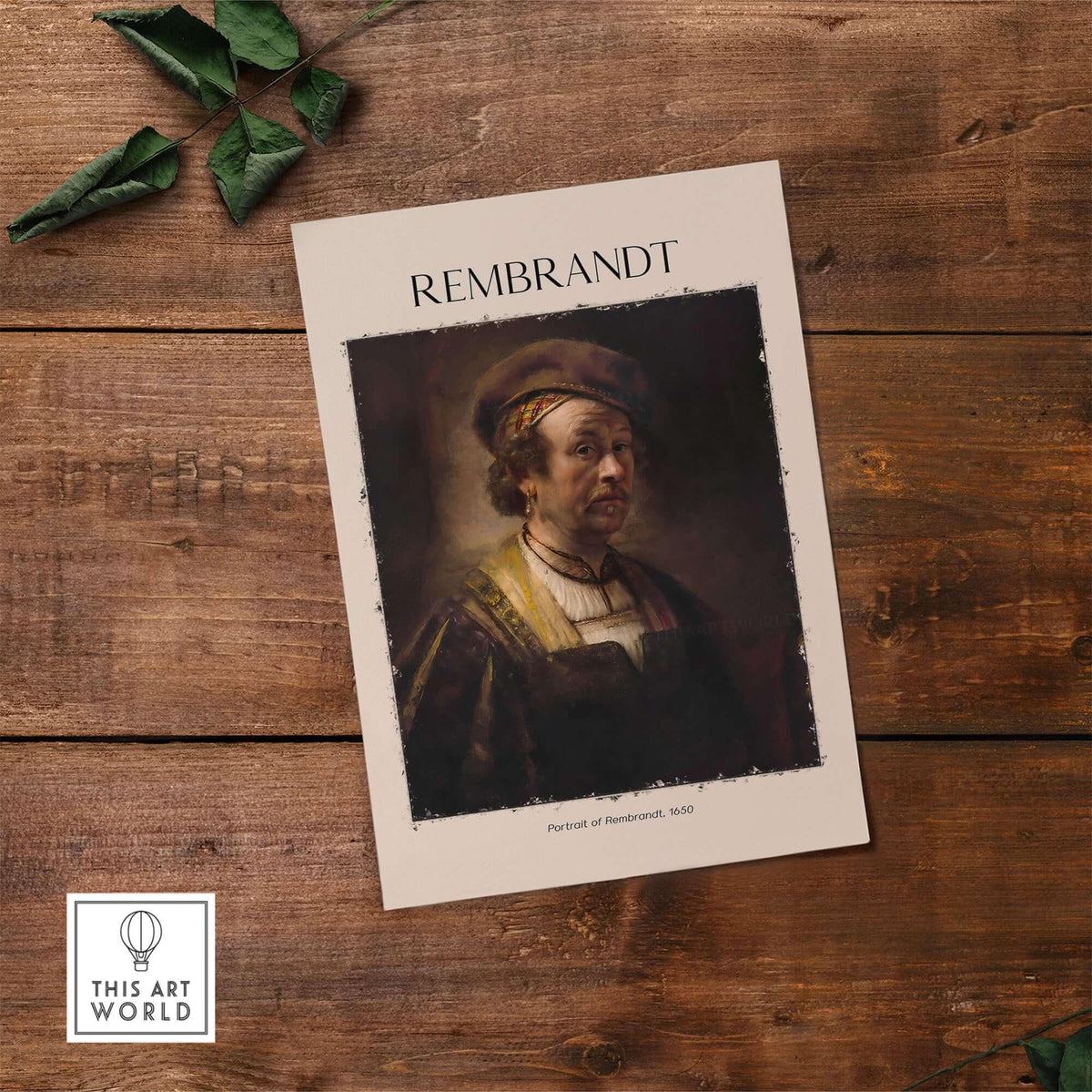 Rembrandt Self Portrait 1650 Dutch Master Painter Art Print Poster Wall Decor showcased on wooden surface.