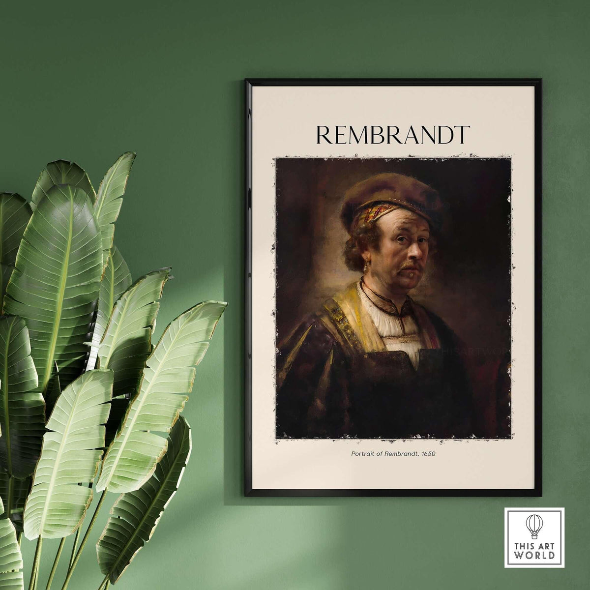 Rembrandt Self Portrait 1650 Dutch Master Painter Art Print Poster Wall Decor displayed on a green wall with plants.