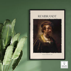Rembrandt Self Portrait 1650 Dutch Master Painter Art Print Poster Wall Decor displayed on a green wall with plants.