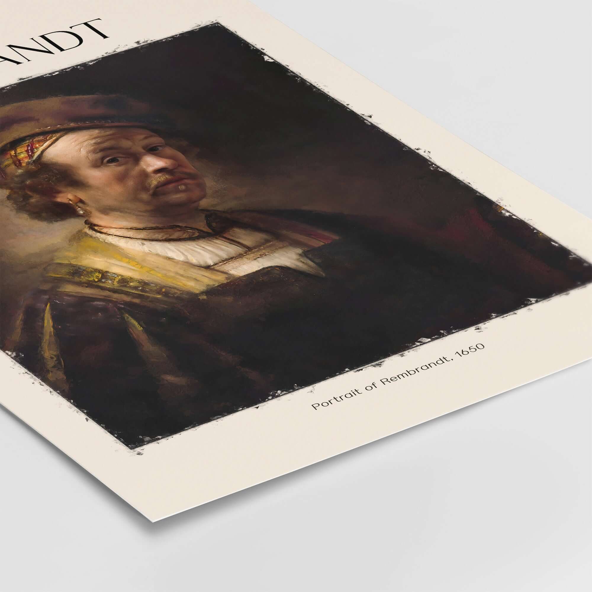 Rembrandt Self Portrait 1650 Dutch Master Painter Art Print Poster Wall Decor showcasing the artist's intense gaze and rich attire.