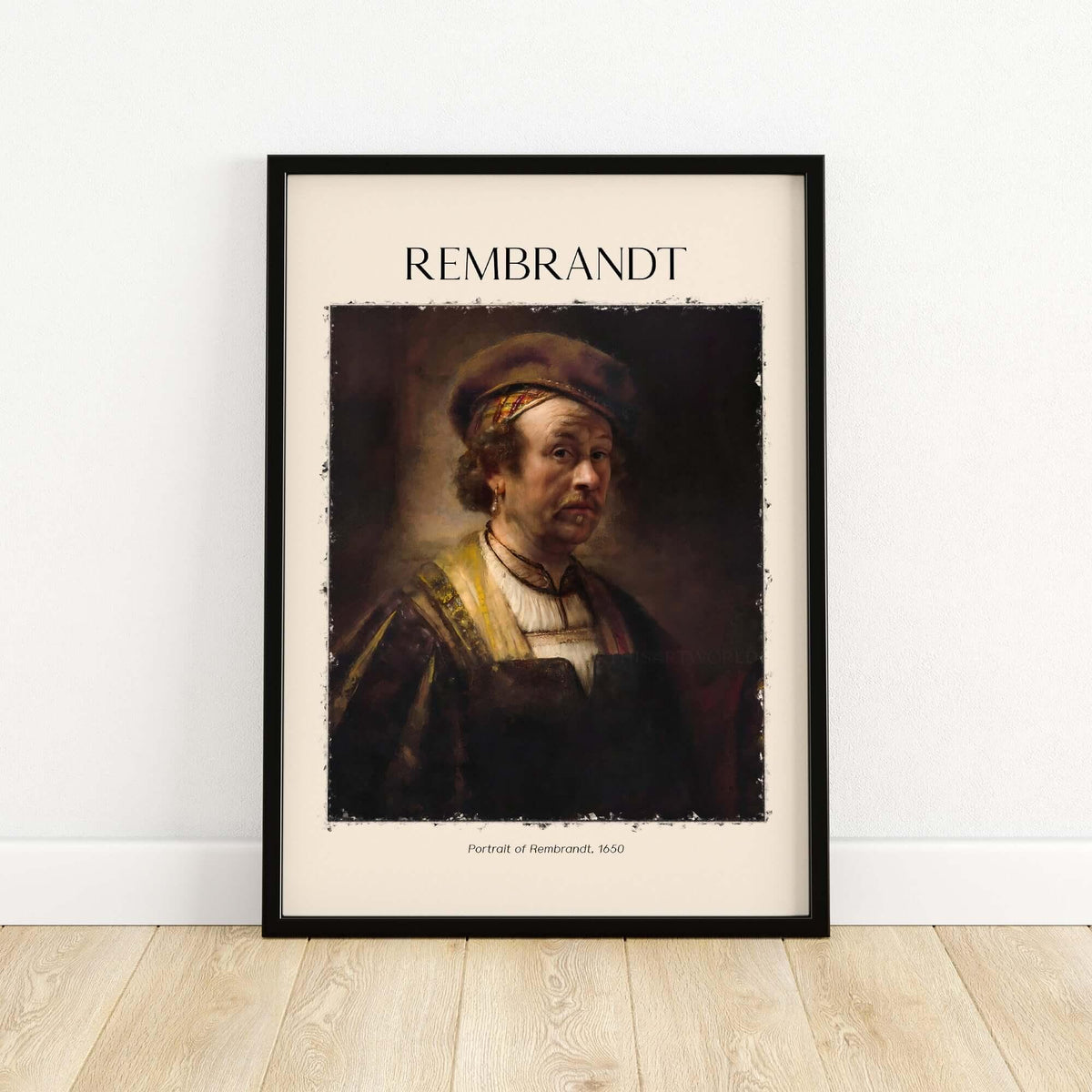 Rembrandt Self Portrait 1650 Dutch Master Painter Art Print Poster Wall Decor framed on a wall, showcasing the artist's likeness.