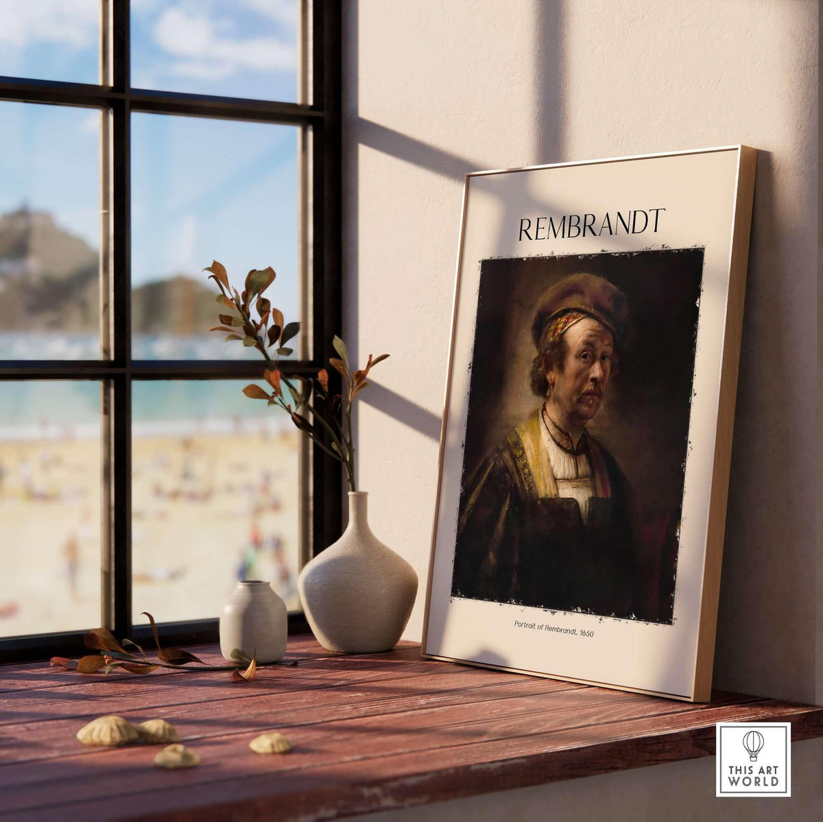Rembrandt Self Portrait 1650 Dutch Master Painter Art Print Poster Wall Decor displayed on a shelf with beach view.