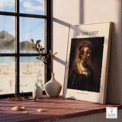 Rembrandt Self Portrait 1650 Dutch Master Painter Art Print Poster Wall Decor displayed on a shelf with beach view.