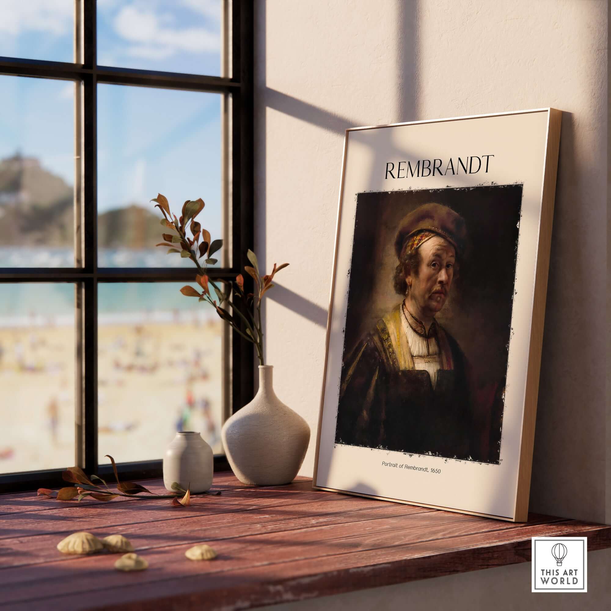 Rembrandt Self Portrait 1650 Dutch Master Painter Art Print Poster Wall Decor displayed on a shelf with beach view.
