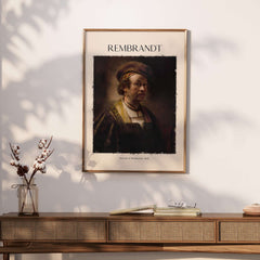 Rembrandt Self Portrait 1650 Dutch Master Painter Art Print Poster Wall Decor displayed on a stylish wall.