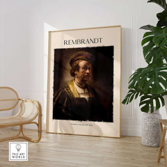 Rembrandt Self Portrait 1650 Dutch Master Painter Art Print Poster Wall Decor in a stylish interior setting.