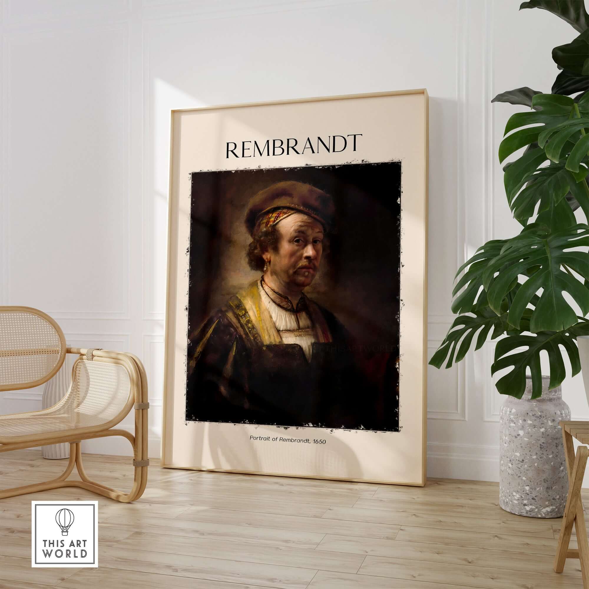 Rembrandt Self Portrait 1650 Dutch Master Painter Art Print Poster Wall Decor in a stylish interior setting.