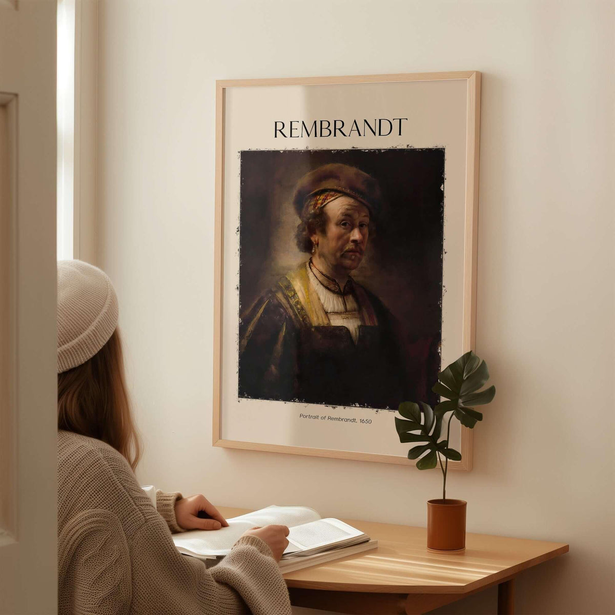 Rembrandt Self Portrait 1650 Dutch Master Painter Art Print Poster Wall Decor displayed in a room with a person reading.