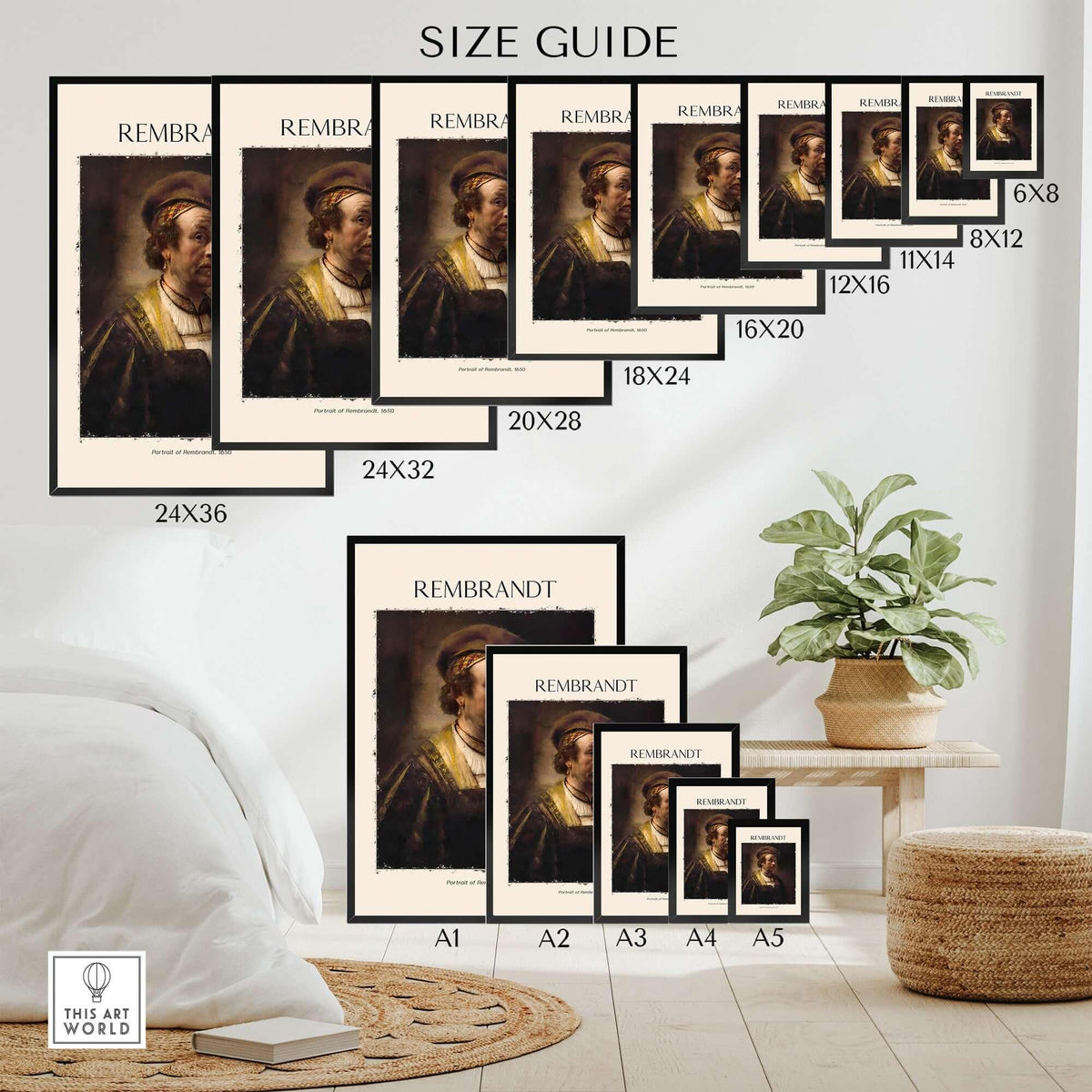 Rembrandt Self Portrait 1650 Dutch Master Painter Art Print Poster Wall Decor size guide with multiple frame options.