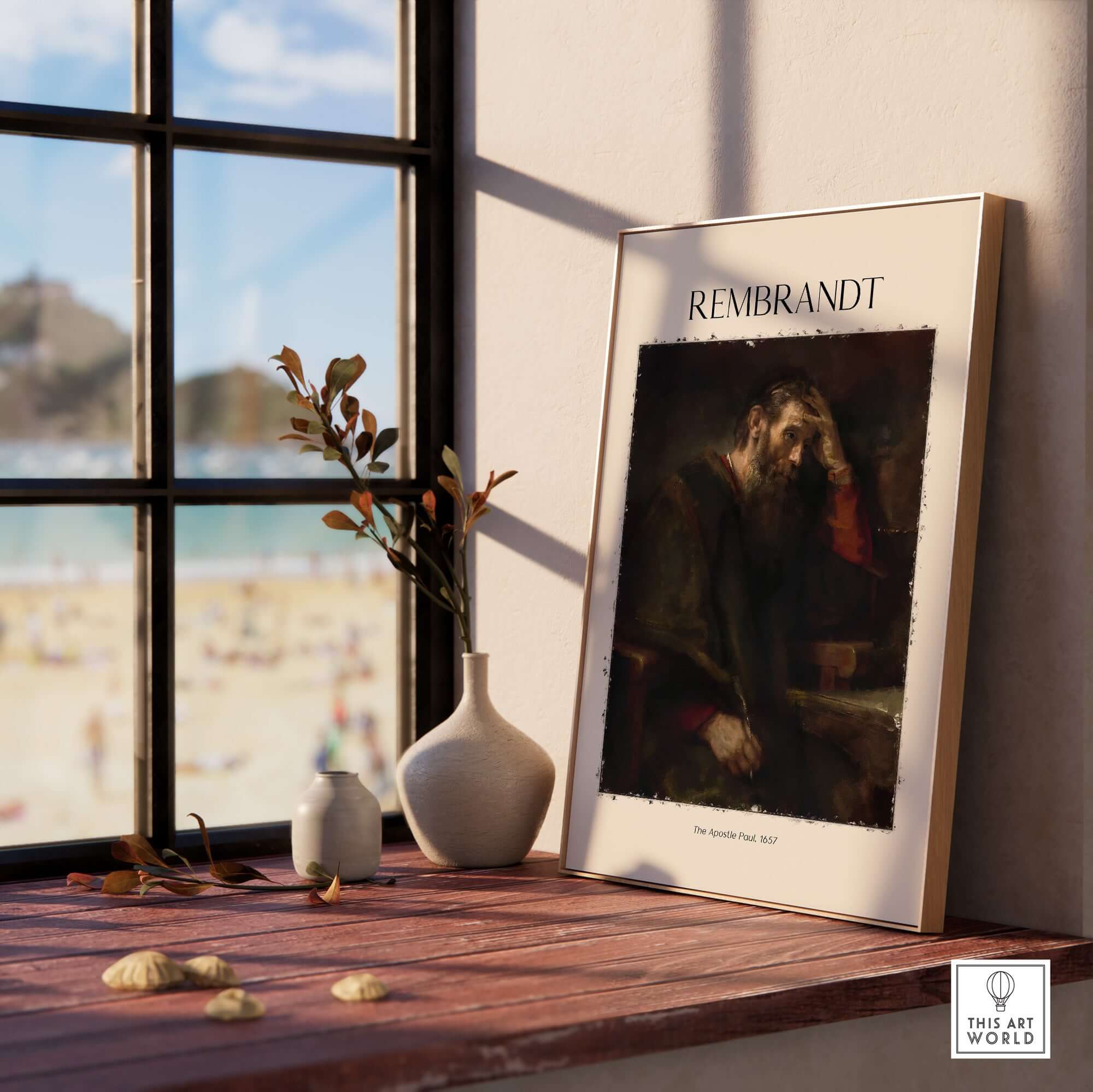 Rembrandt The Apostle Paul 1657 Religious Art Print Baroque Painting Poster displayed beside a window with a beach view.
