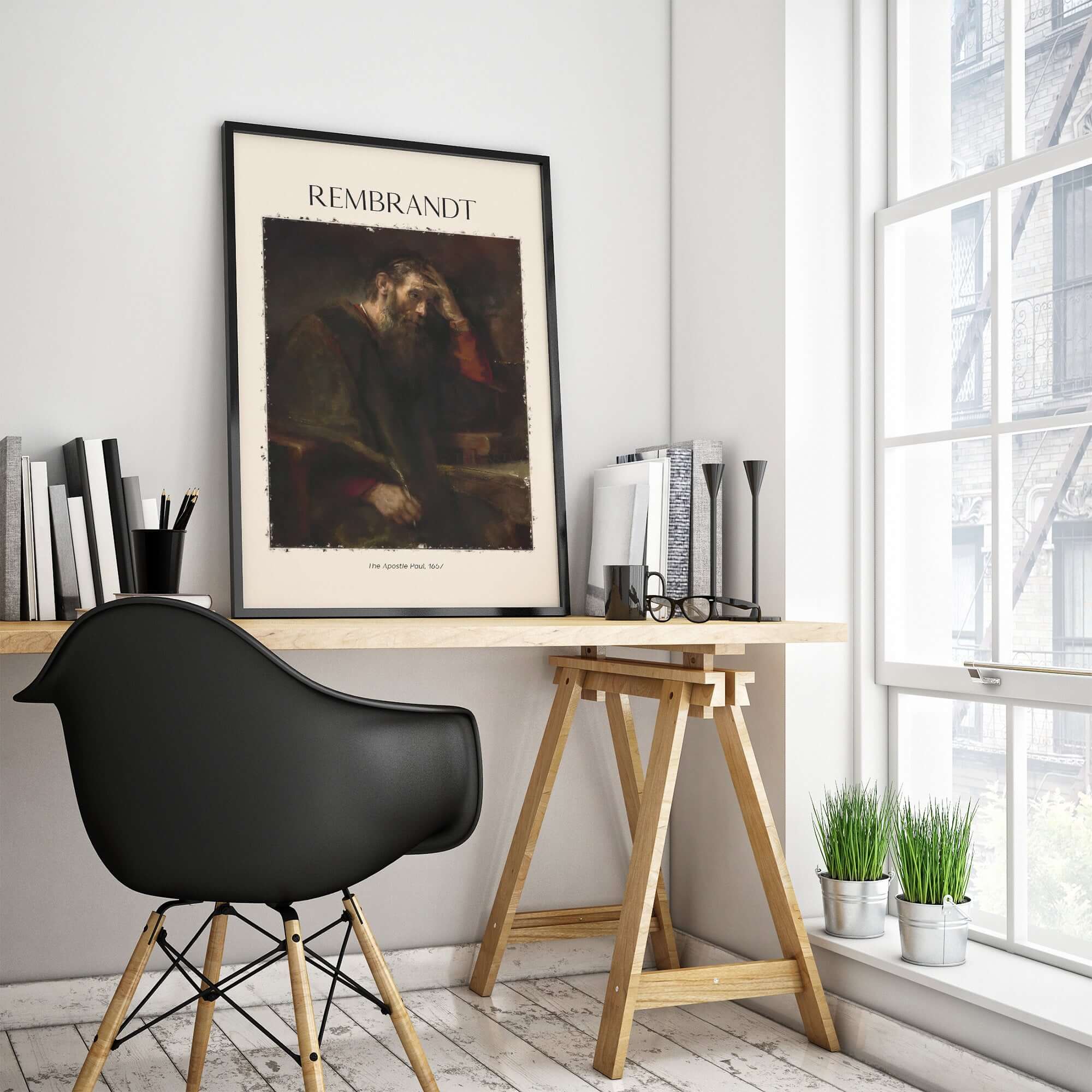 Rembrandt The Apostle Paul 1657 Religious Art Print Baroque Painting Poster displayed in modern office decor.