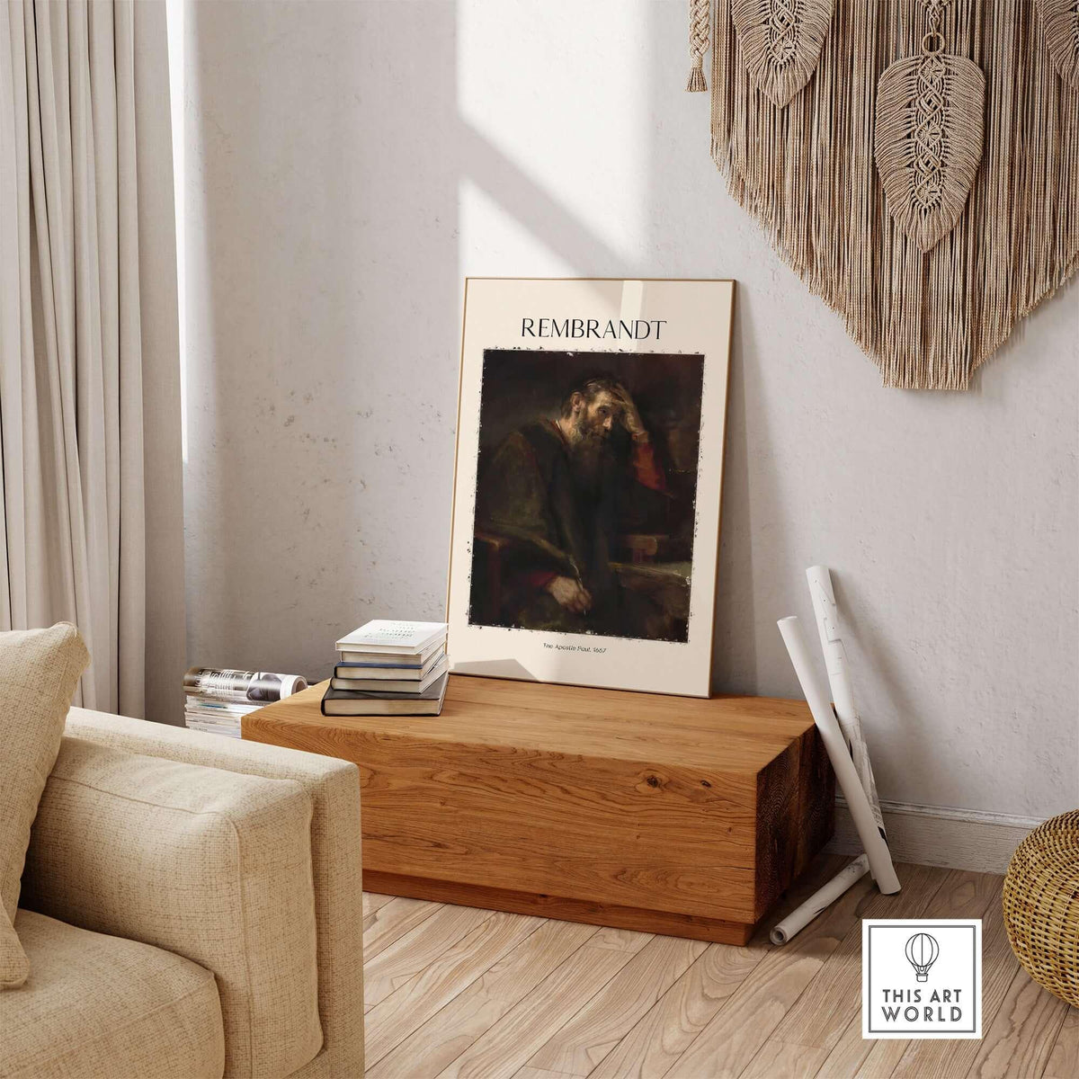 Rembrandt The Apostle Paul 1657 Religious Art Print Baroque Painting Poster displayed in a stylish home interior.