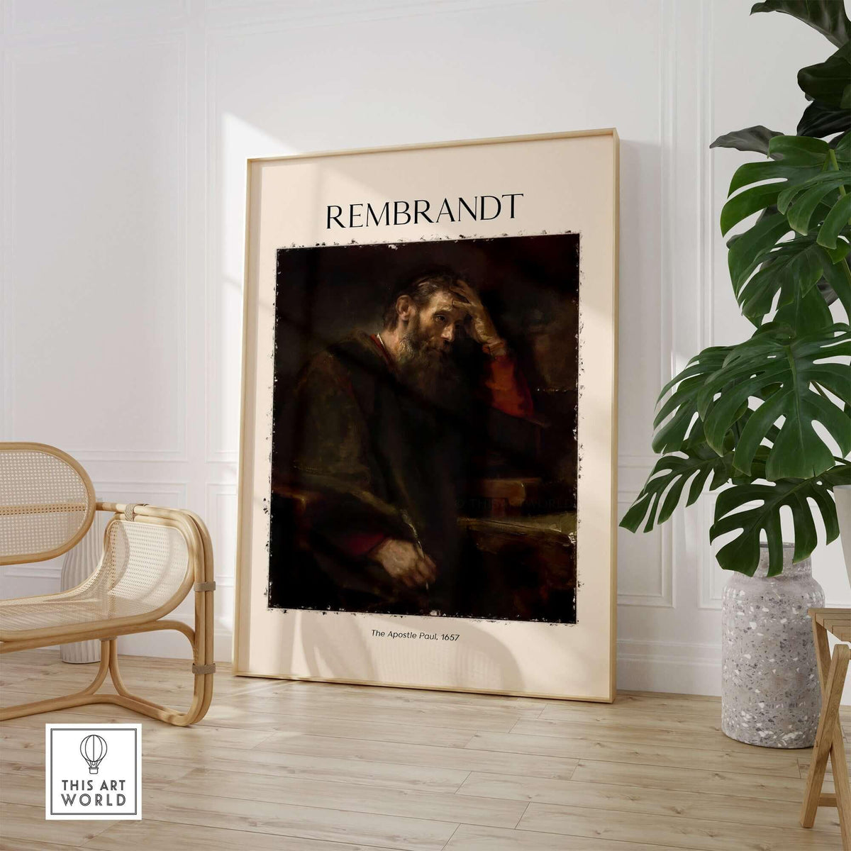 Rembrandt The Apostle Paul 1657 Religious Art Print Baroque Painting Poster displayed in a modern interior setting.