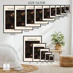 Size guide for Rembrandt The Apostle Paul 1657 Religious Art Print Baroque Painting Poster in various frame dimensions.