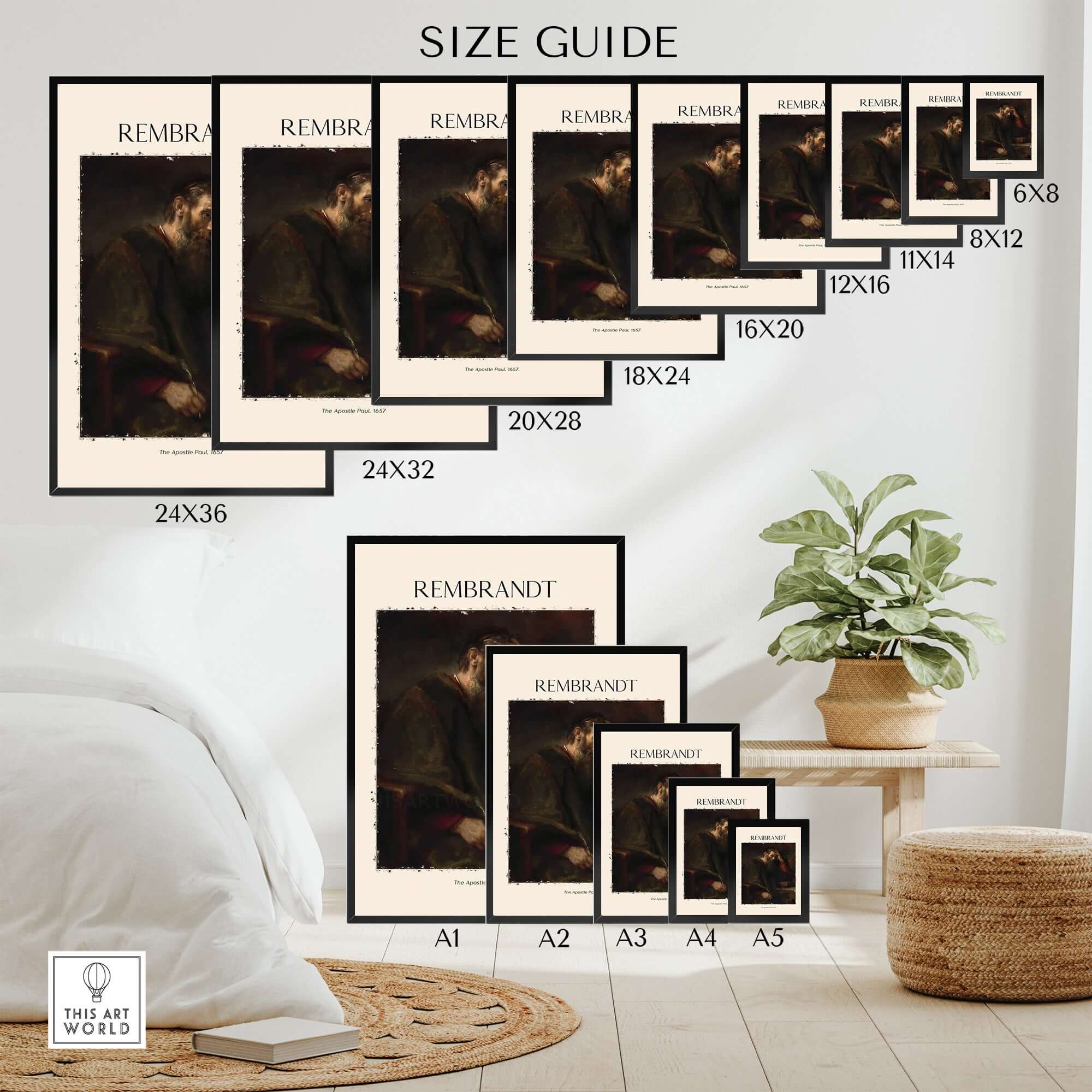 Size guide for Rembrandt The Apostle Paul 1657 Religious Art Print Baroque Painting Poster in various frame dimensions.