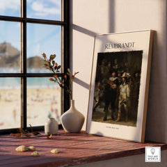 Rembrandt The Night Watch 1642 Famous Dutch Master Painting Art Print Poster displayed in a sunny room with beach view.