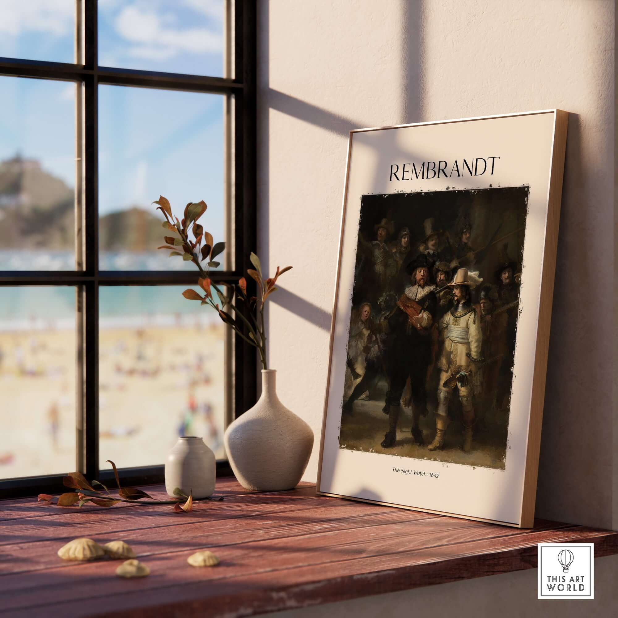 Rembrandt The Night Watch 1642 Famous Dutch Master Painting Art Print Poster displayed in a sunny room with beach view.