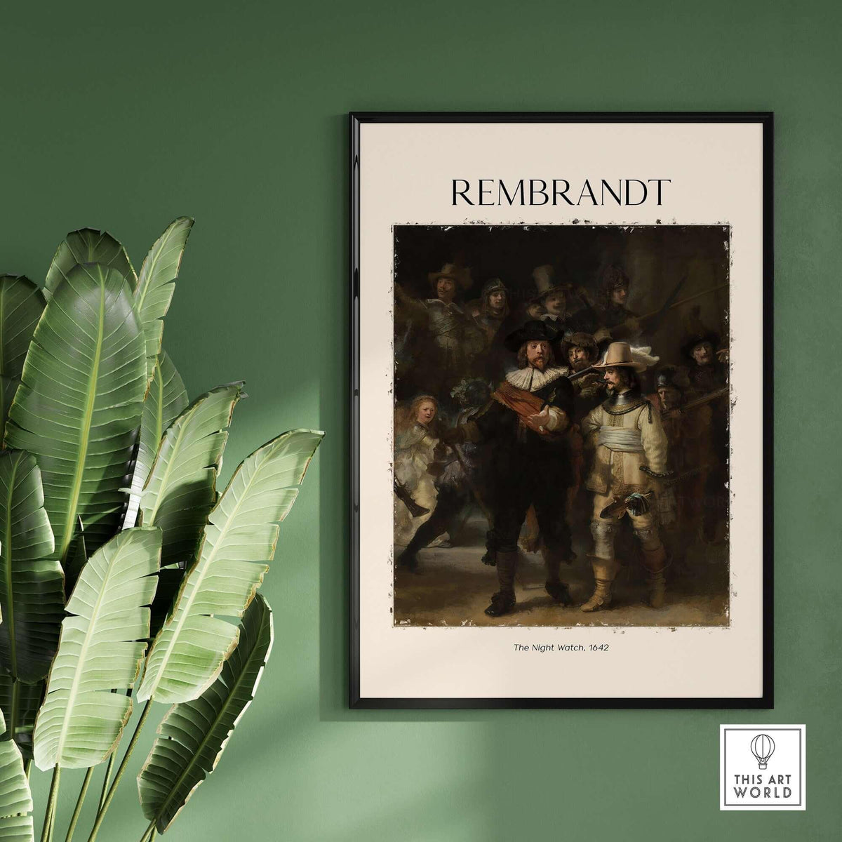 Rembrandt The Night Watch 1642 Famous Dutch Master Painting Art Print Poster displayed on a green wall.