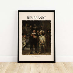 Rembrandt The Night Watch 1642 Famous Dutch Master Painting Art Print Poster displayed in a stylish frame.