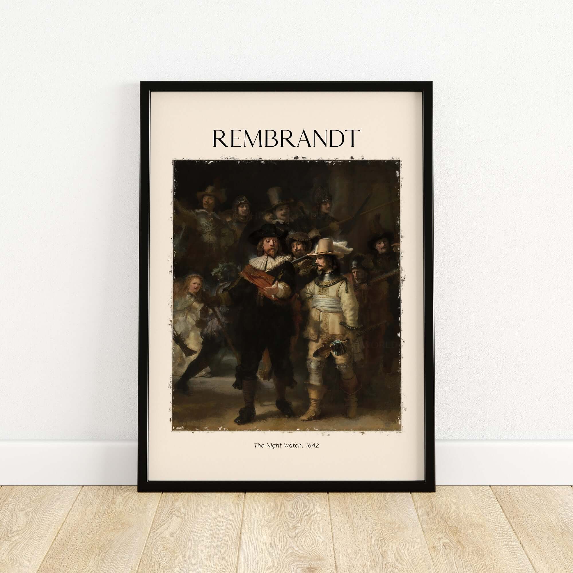 Rembrandt The Night Watch 1642 Famous Dutch Master Painting Art Print Poster displayed in a stylish frame.