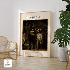 Rembrandt The Night Watch 1642 Famous Dutch Master Painting Art Print Poster displayed in a stylish home setting.