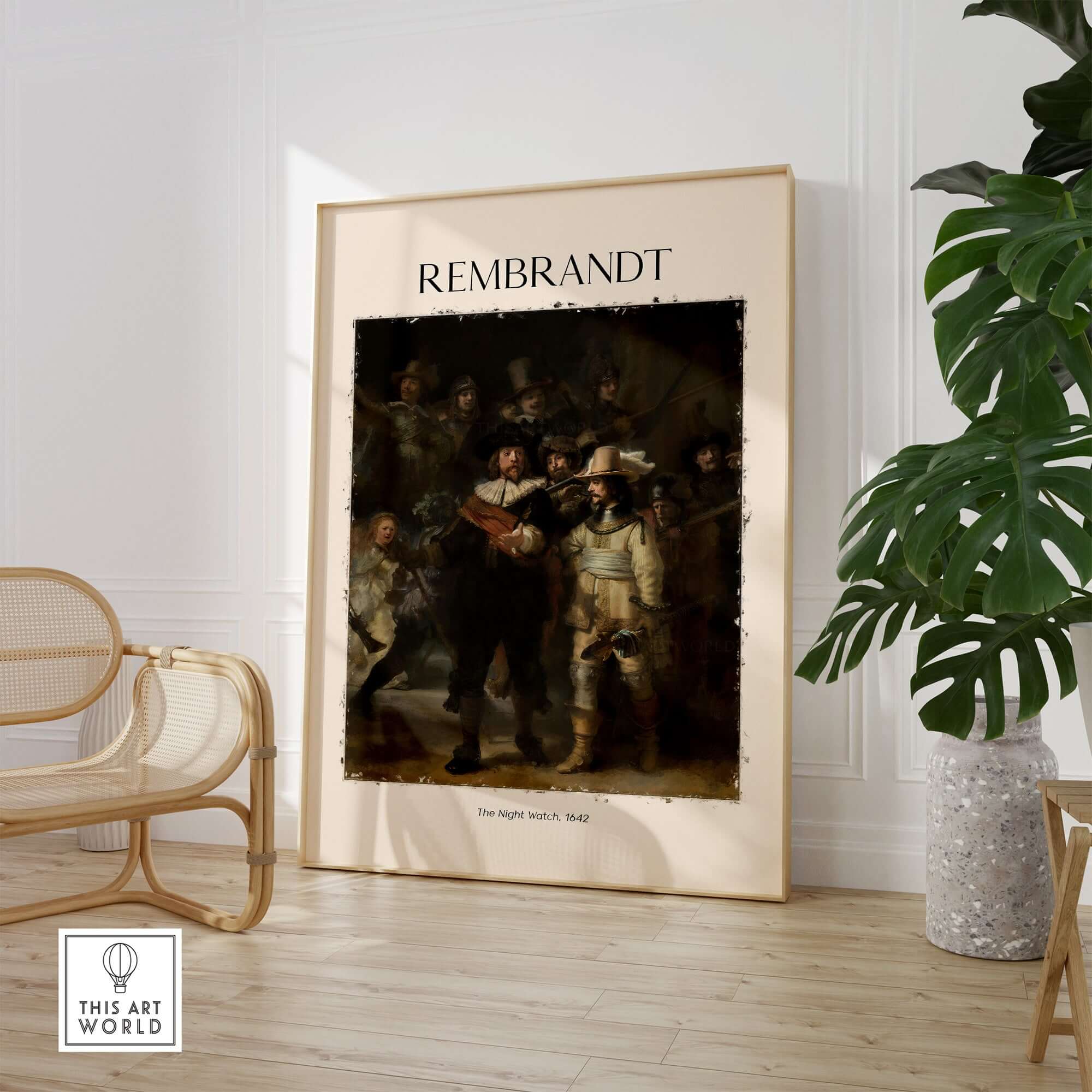 Rembrandt The Night Watch 1642 Famous Dutch Master Painting Art Print Poster displayed in a stylish home setting.