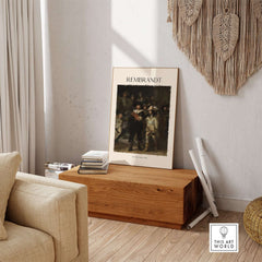 Rembrandt The Night Watch 1642 Famous Dutch Master Painting Art Print Poster displayed in a stylish modern interior.