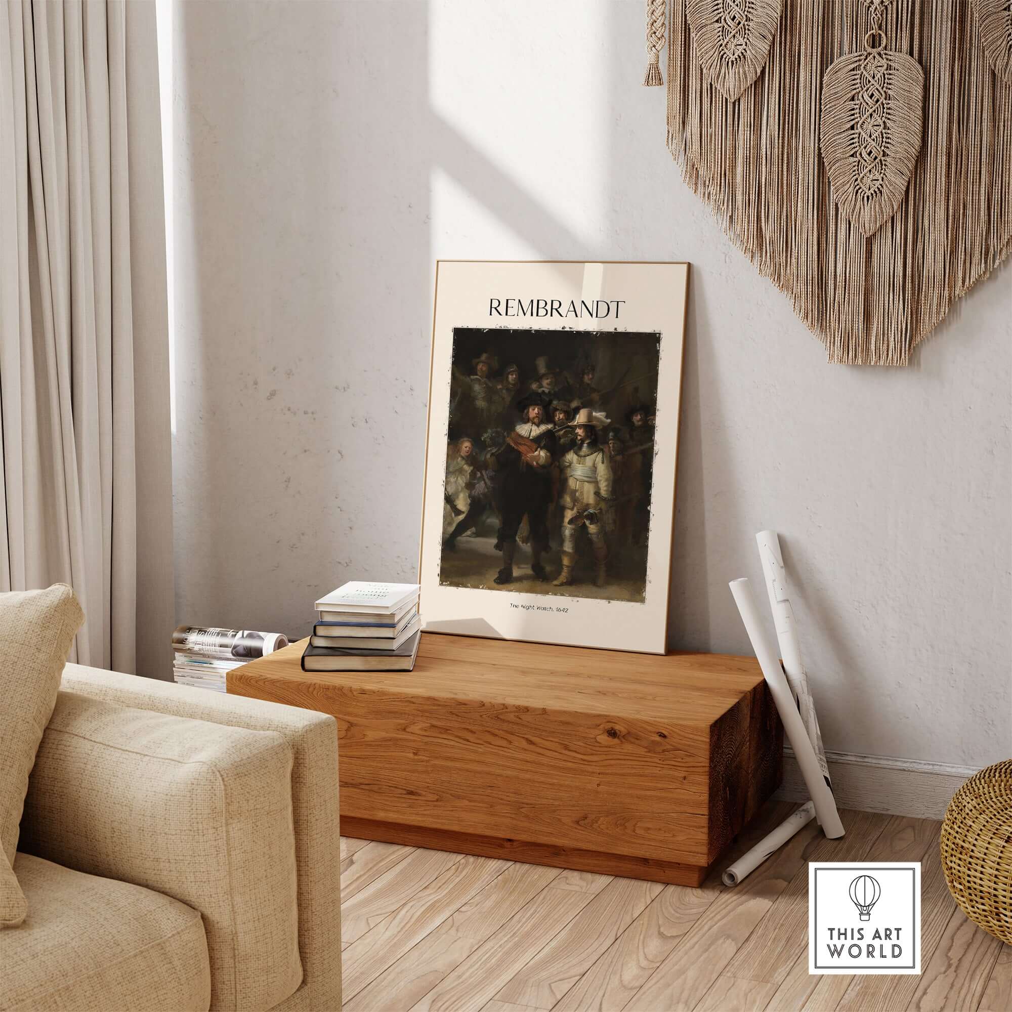 Rembrandt The Night Watch 1642 Famous Dutch Master Painting Art Print Poster displayed in a stylish modern interior.