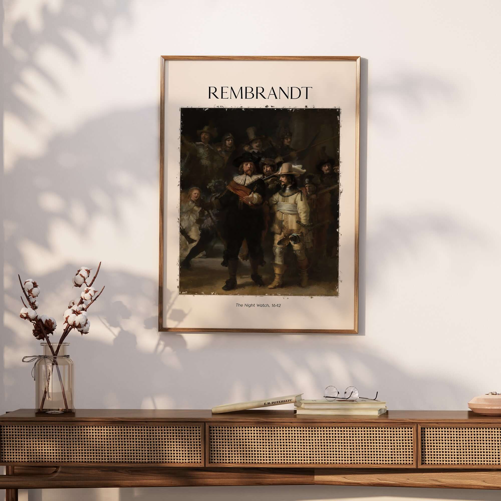 Rembrandt The Night Watch 1642 Famous Dutch Master Painting Art Print Poster displayed on a wall next to decorative items.