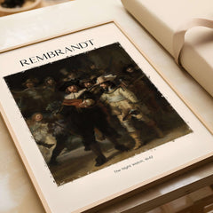 Rembrandt The Night Watch 1642 Famous Dutch Master Painting Art Print Poster framed wall art display.