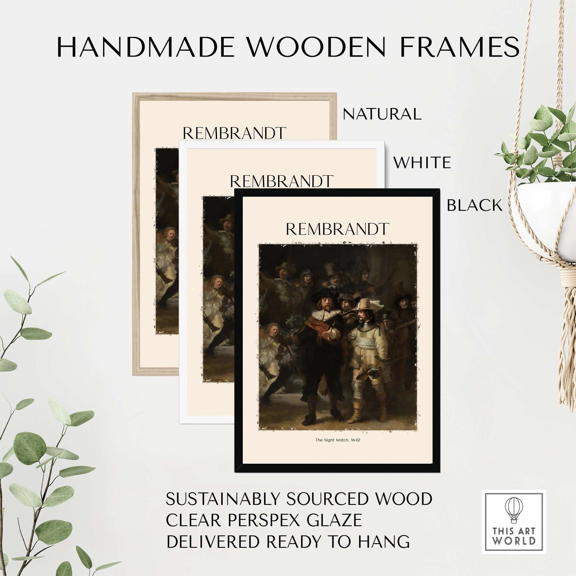 Rembrandt The Night Watch 1642 Famous Dutch Master Painting Art Print Poster framed in natural, white, and black handmade wooden frames.