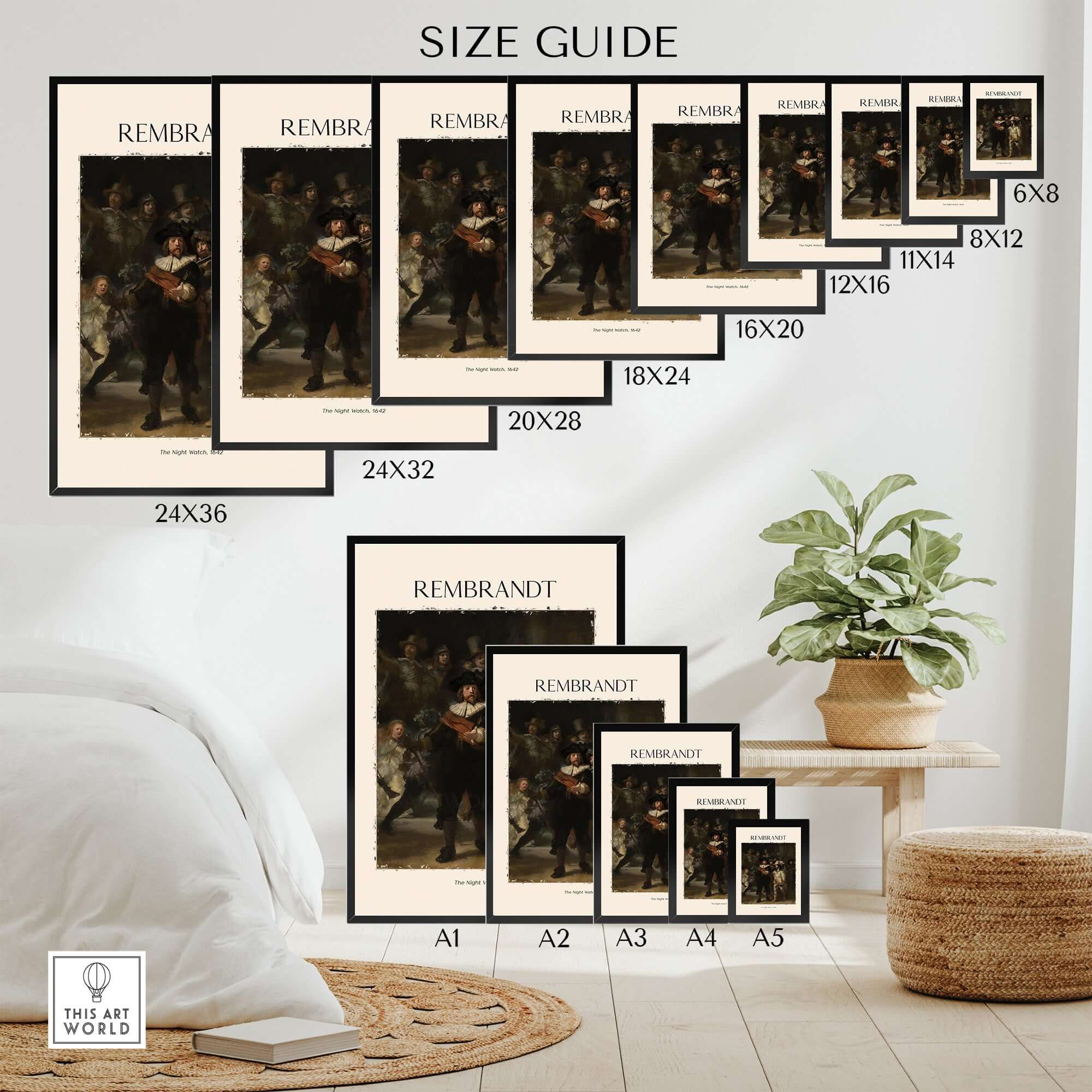 Size guide for Rembrandt The Night Watch 1642 Famous Dutch Master Painting Art Print Poster in various dimensions.