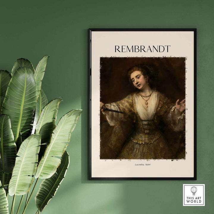 Rembrandt Lucretia 1664 art print poster in a stylish frame against a green wall with leafy decor.